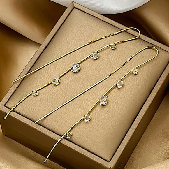 NEW GOLD CRYSTAL RHINESTONE THREADER EARRINGS - Picture 2 of 4